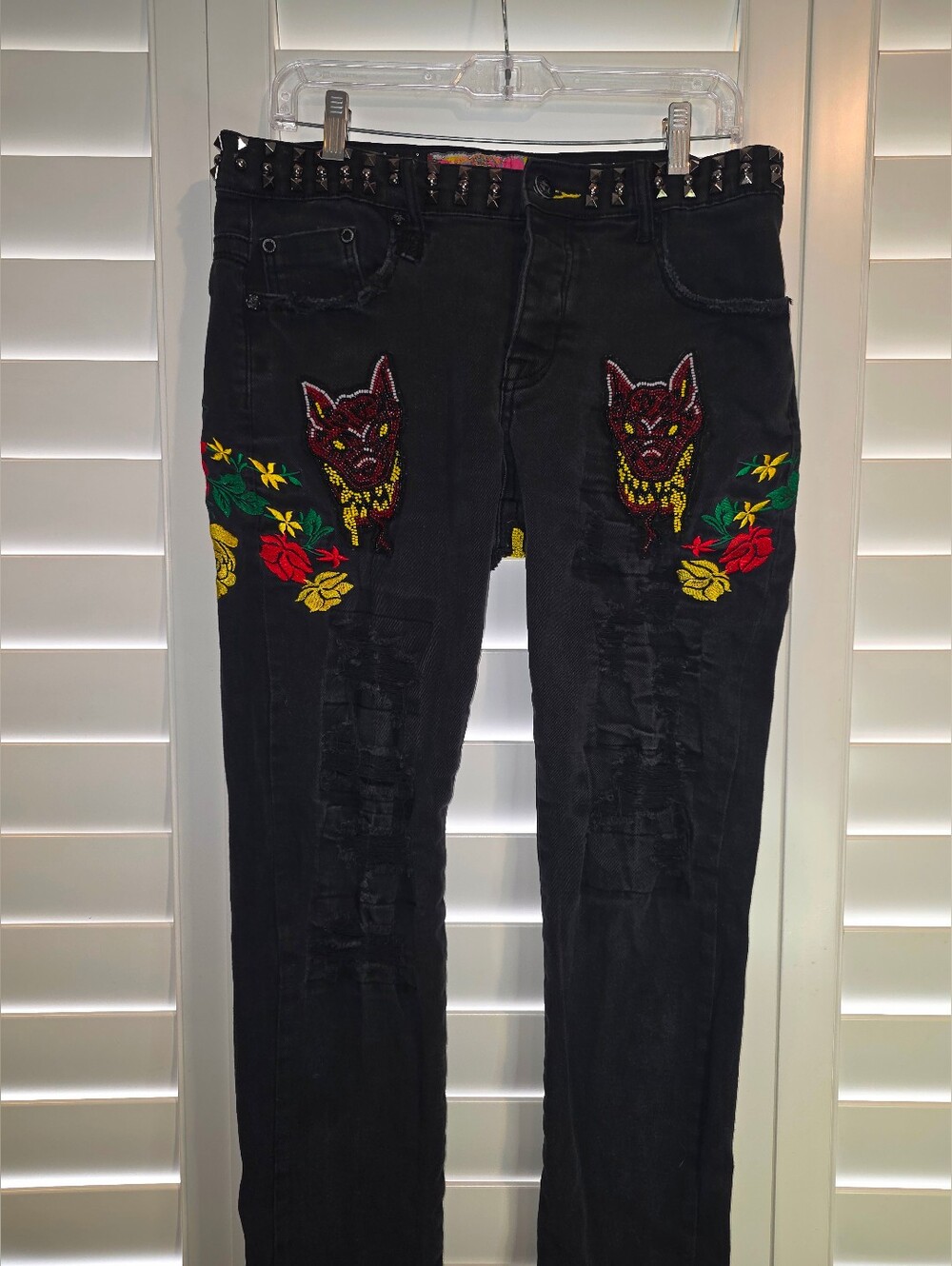 Black Jeans with Red Triple-Head Beaded Wolf and Floral Embroidery